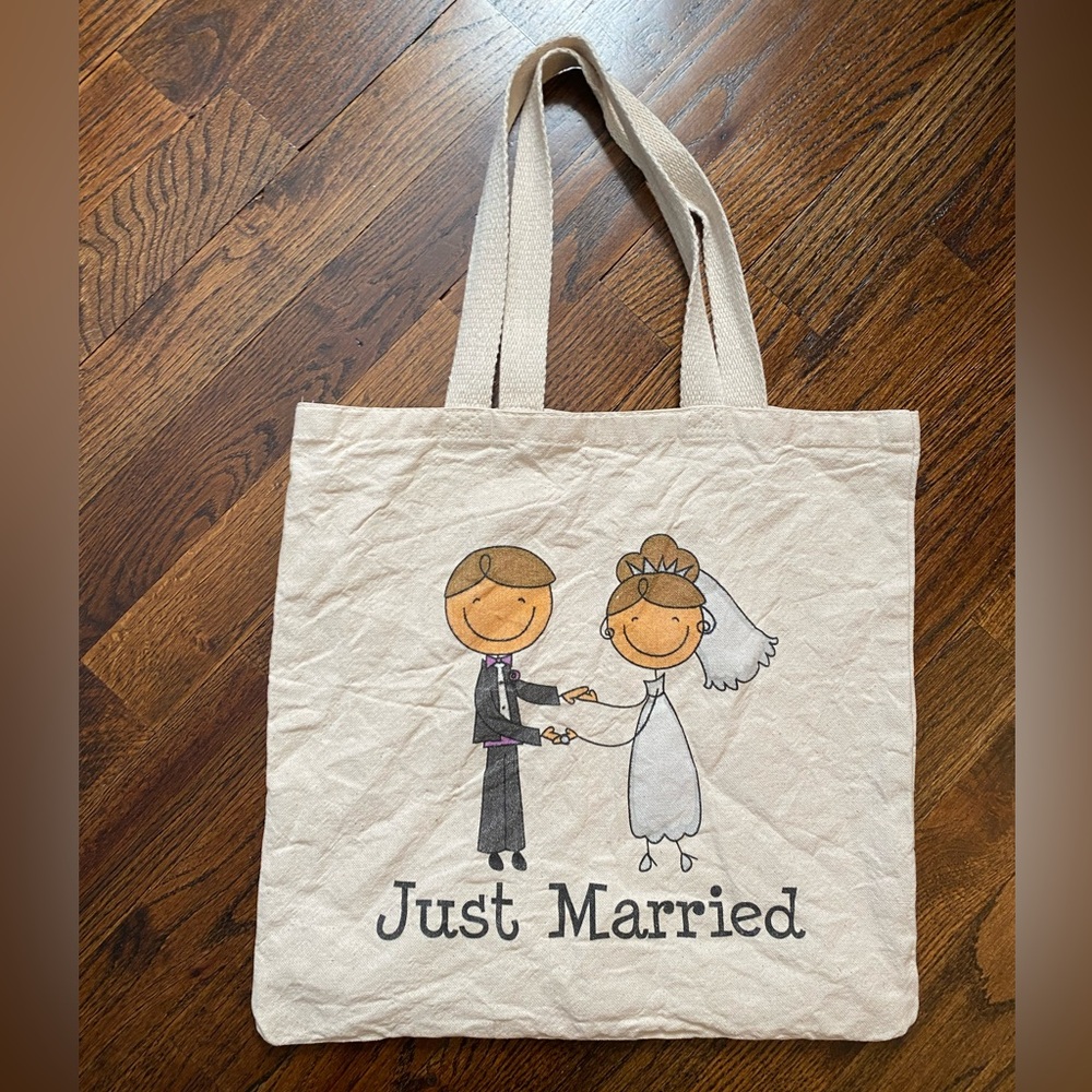 Just Married Canvas Tote Bag newlywed novelty print tote bag bride groom wedding